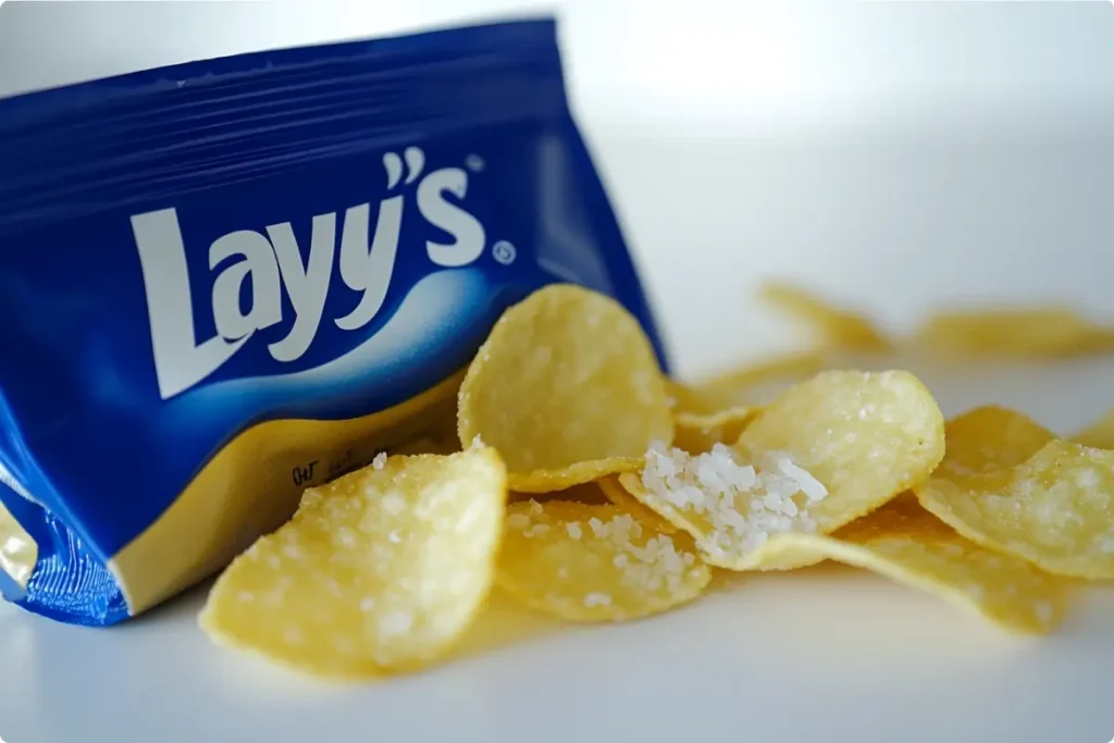 Bag of Lay’s Salt and Vinegar Chips with scattered chips