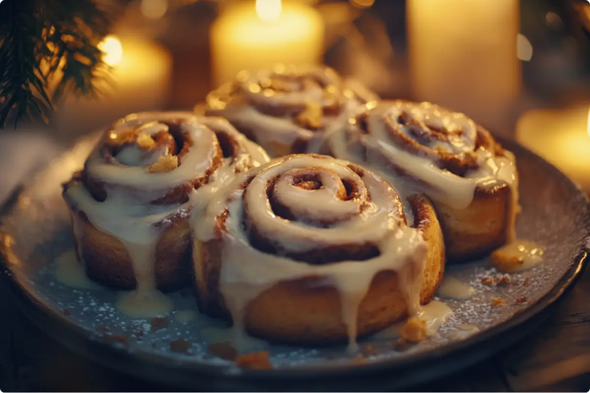 Close-up of cinnamon rolls with frosting on a rustic plate