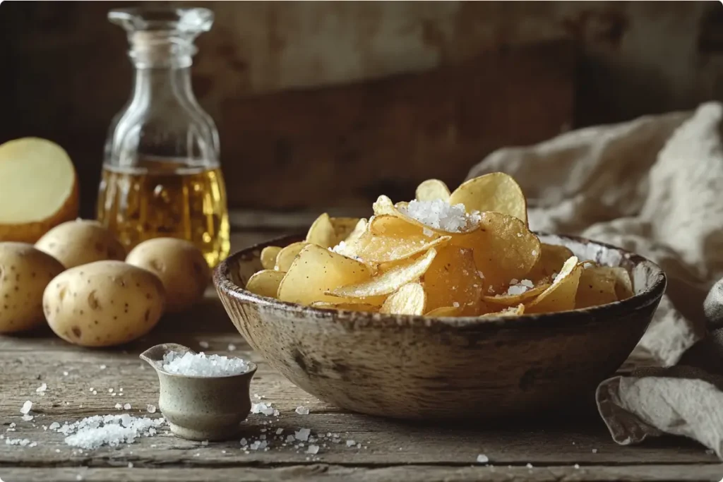 A bowl of salt and vinegar chips with vinegar and potatoes.