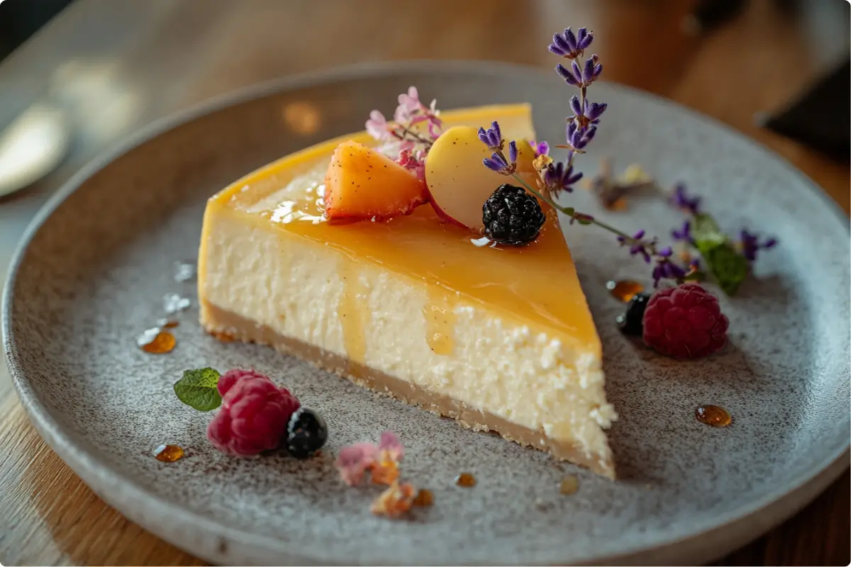 Close-up of French-style cheesecake with lavender honey and fruits.