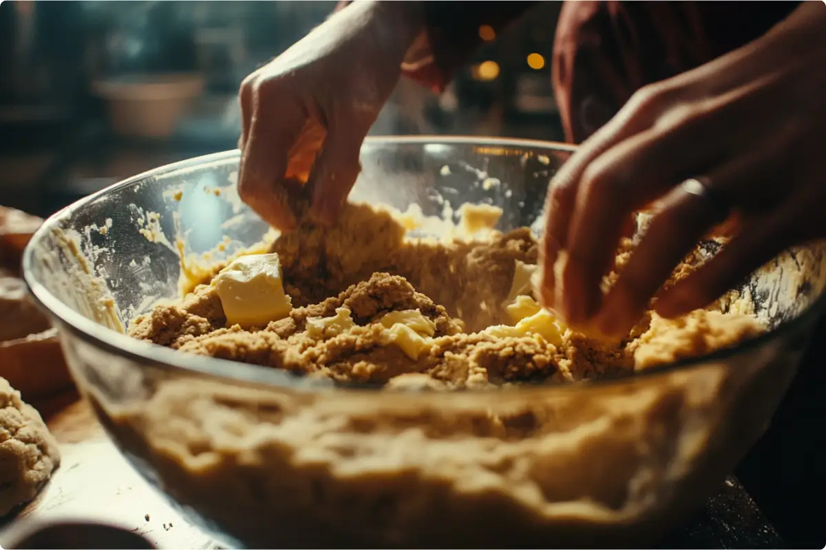 Close-up of cookie dough being mixed in a bowl with vanilla extract