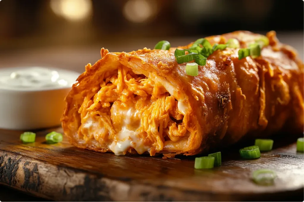 rispy Buffalo Chicken Egg Roll with melted cheese and ranch dip