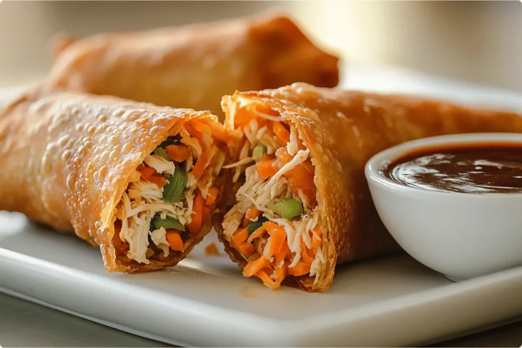 Freshly baked chicken egg roll with crispy golden wrapper.