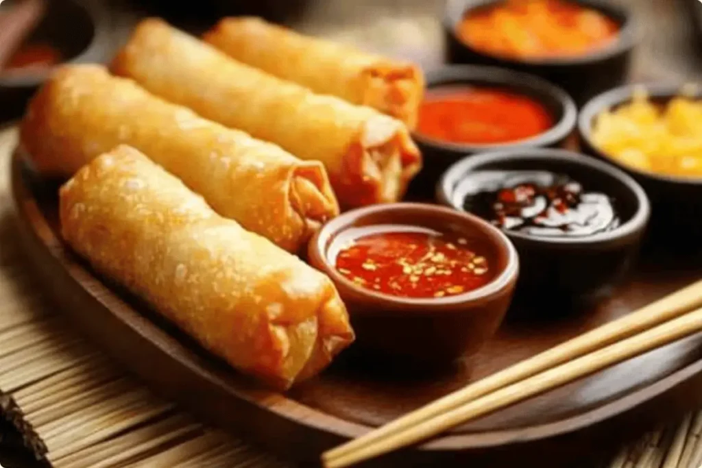 A platter of crispy egg rolls with various dipping sauces