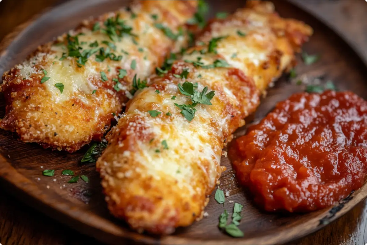 Crispy baked chicken tenders with parmesan cheese served with marinara sauce.