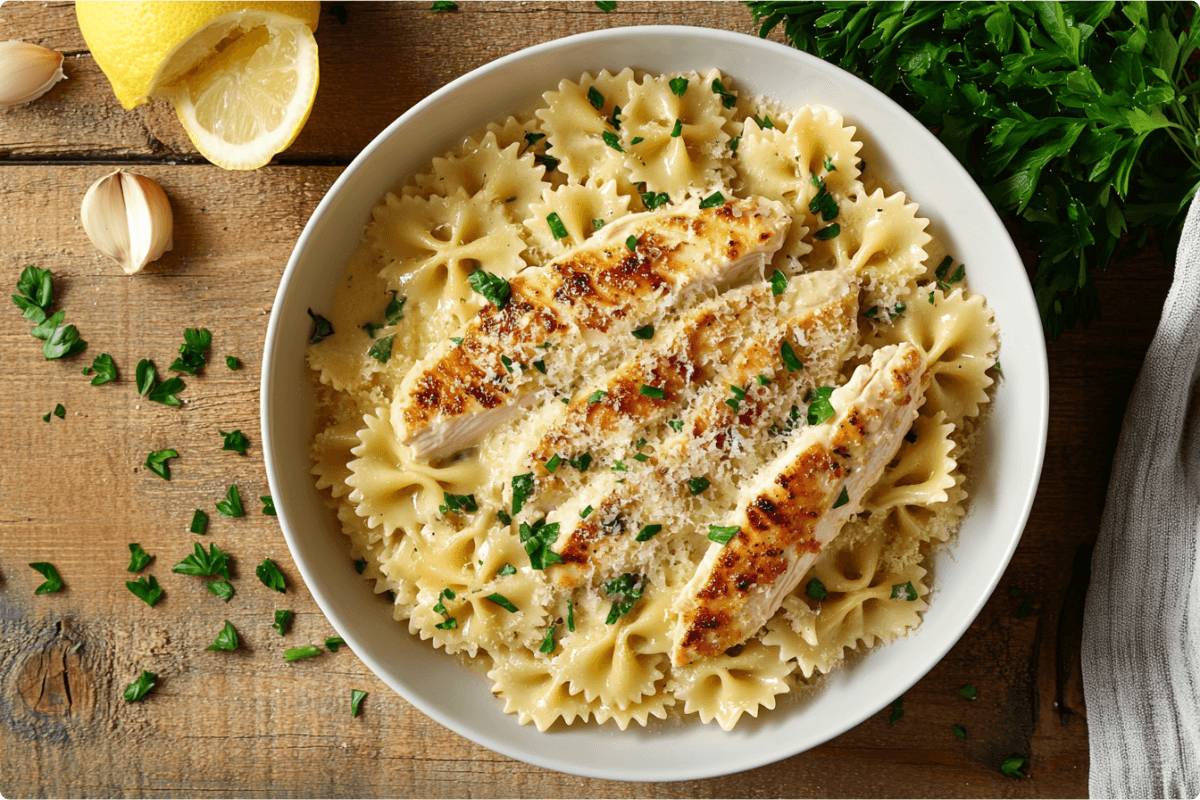 Garlic Parmesan Chicken Pasta served in a bowl with fresh parsley and grated parmesan