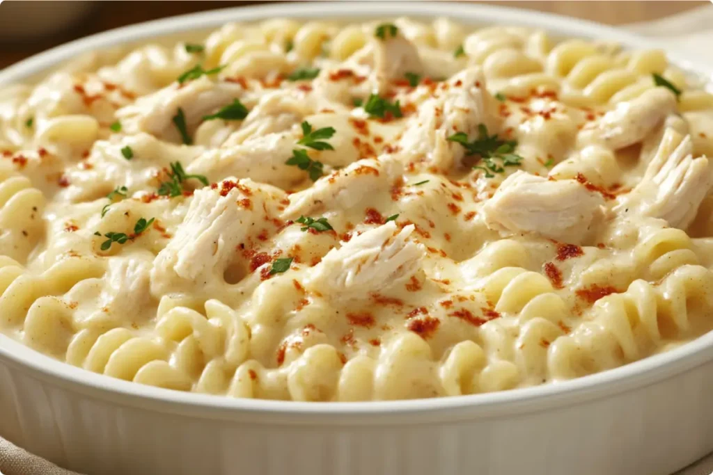 Creamy Crockpot Garlic Parmesan Chicken Pasta in a White Bowl