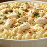 Creamy Crockpot Garlic Parmesan Chicken Pasta in a White Bowl