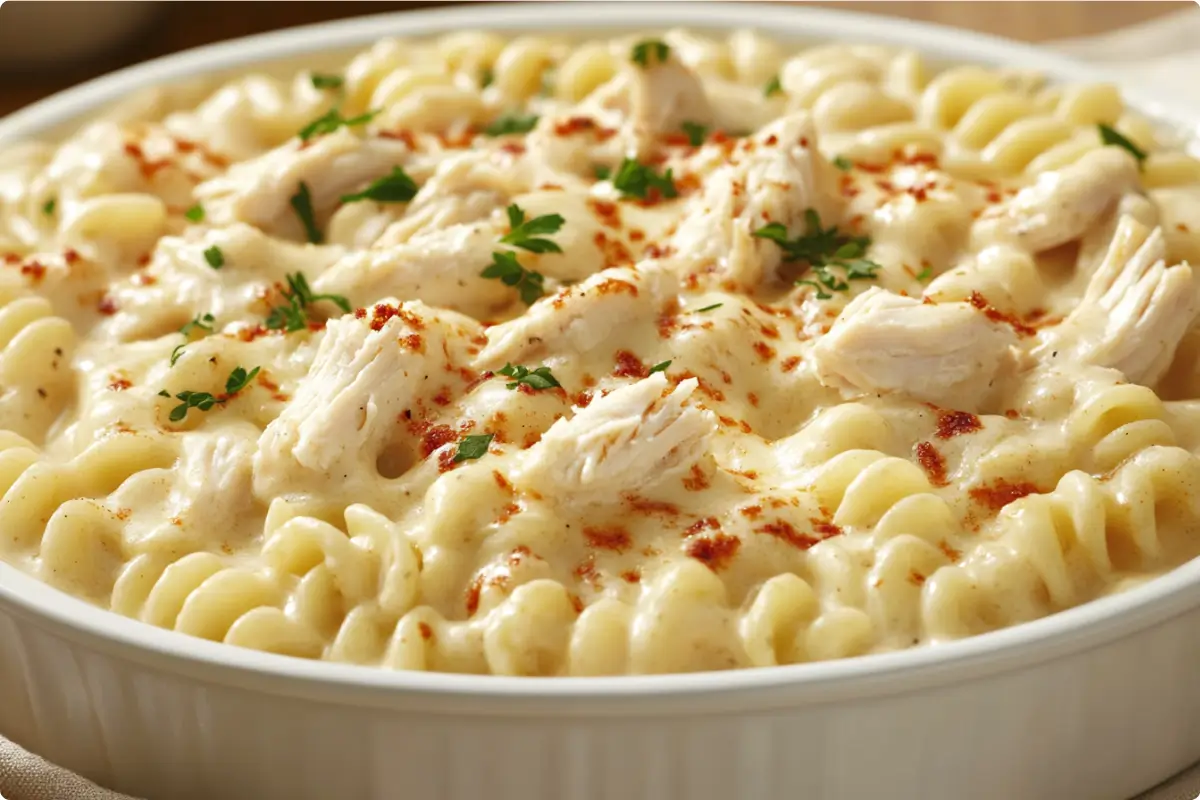 Creamy Crockpot Garlic Parmesan Chicken Pasta in a White Bowl