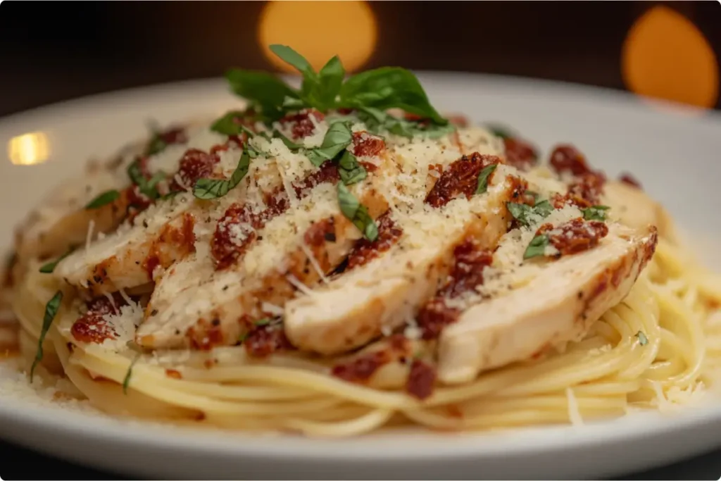 Plate of Marry Me Pasta with creamy sauce and basil.