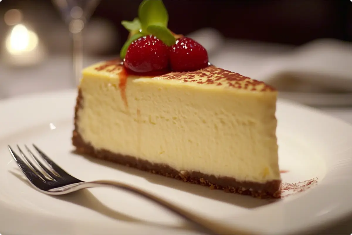 A delicious slice of the most popular cheesecake, classic New York style, displayed close up.