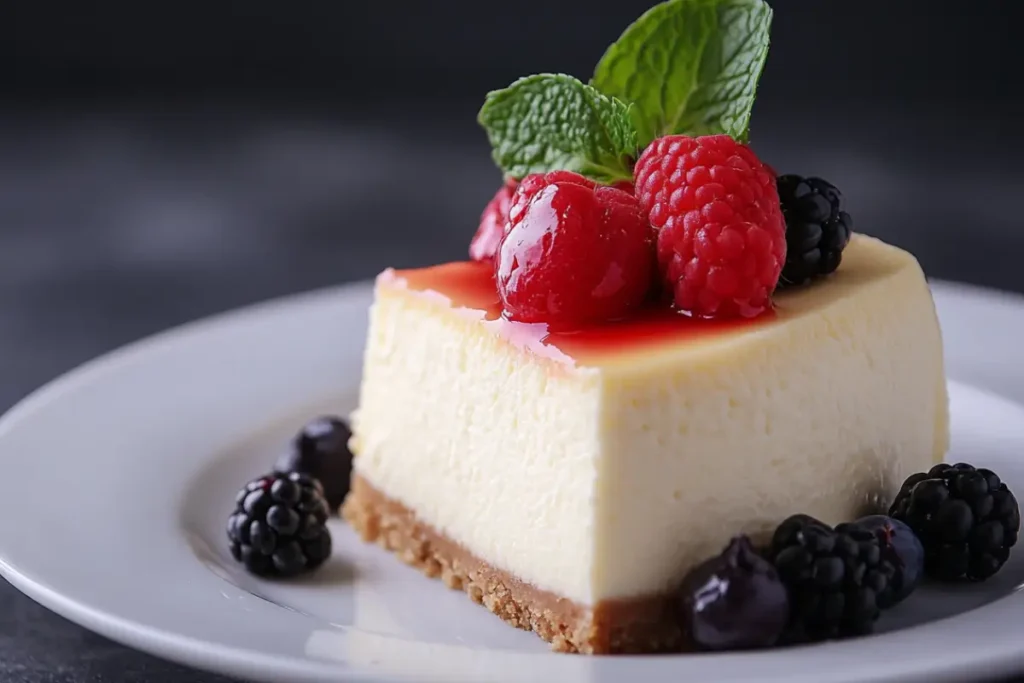 A beautifully plated cheesecake in a fine dining setting, showcasing modern culinary trends.