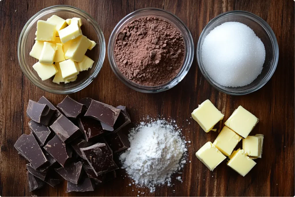 Ingredients for double chunk chocolate cookies.