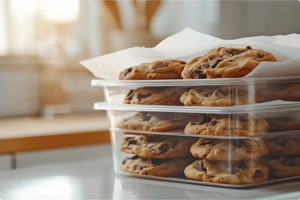 Chocolate chunk cookies stored in a glass container with parchment paper