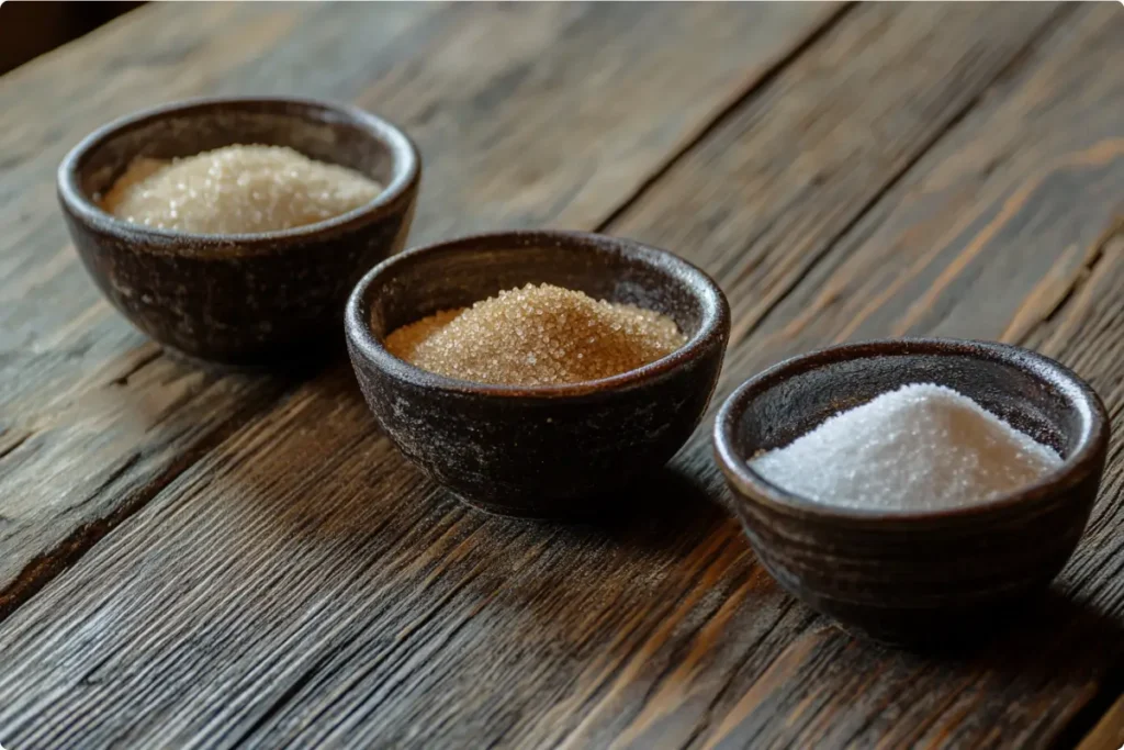 Close-up of granulated sugar, brown sugar, and powdered sugar in bowls.