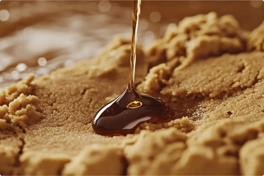 cookie dough being mixed in a bowl with vanilla extract