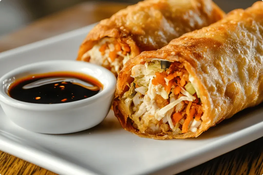 Deep-fried chicken egg roll with a crispy, oily surface.