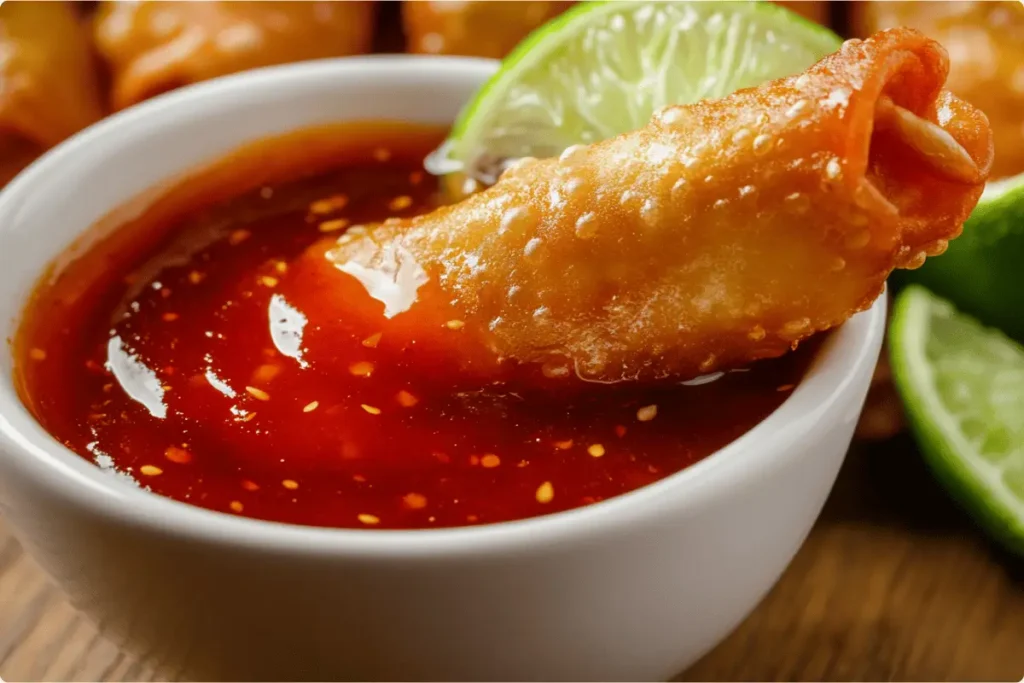 Sweet and sour sauce in a small white bowl with an egg roll