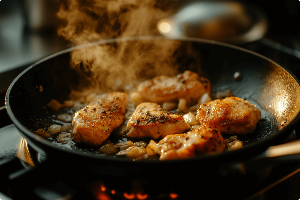 Golden-brown chicken breasts cooking in a skillet with garlic and onions