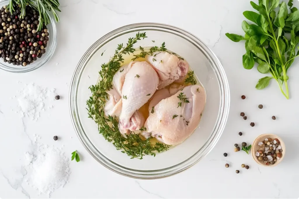 Raw chicken brining with salt and herbs in a glass bowl.