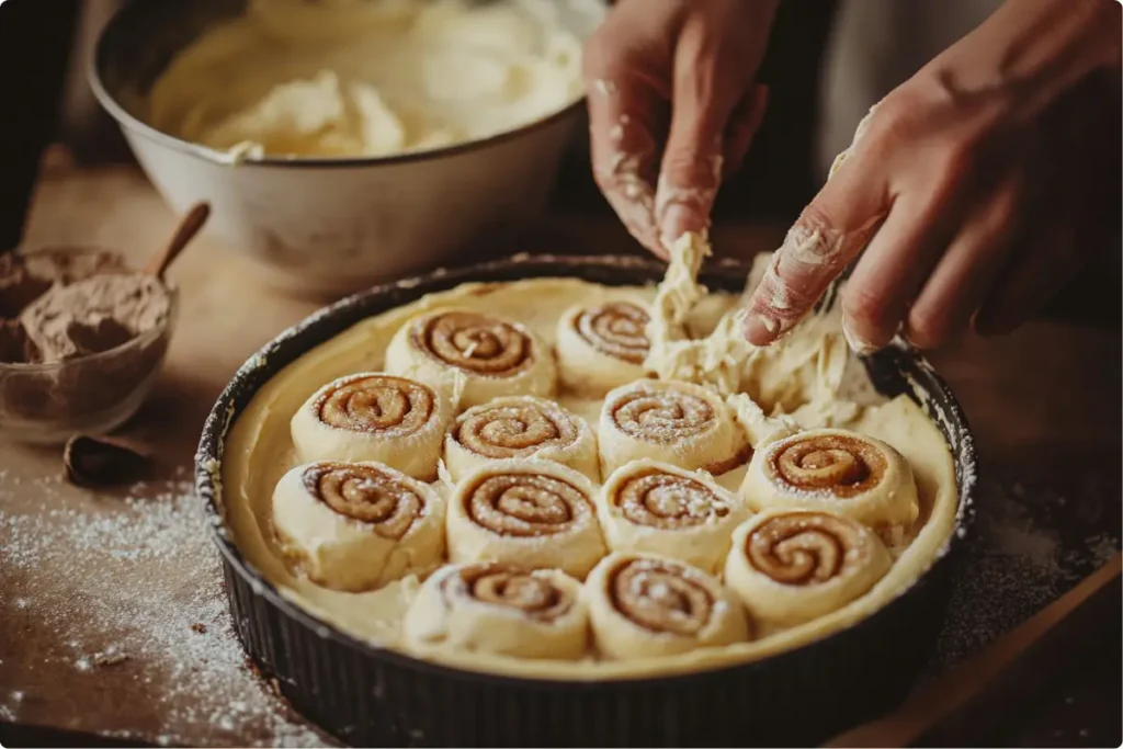 Preparing cinnamon roll cheesecake with cinnamon roll crust.