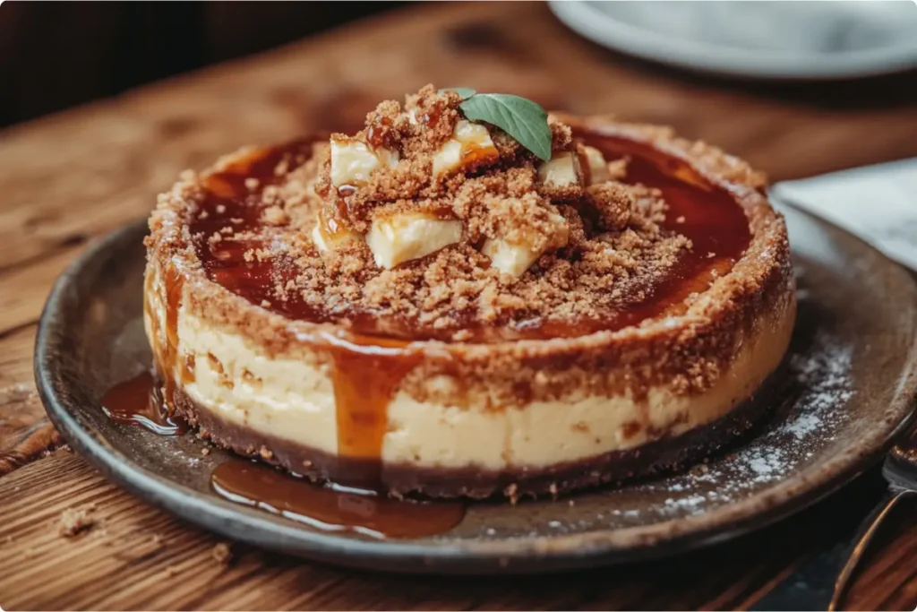 Chicago-style cheesecake with caramel drizzle