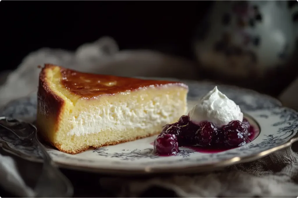 Slice of Alsatian gâteau au fromage blanc with berry compote