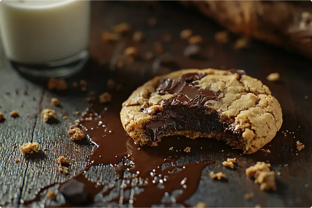 Partially eaten chocolate chunk cookie on a wooden table.