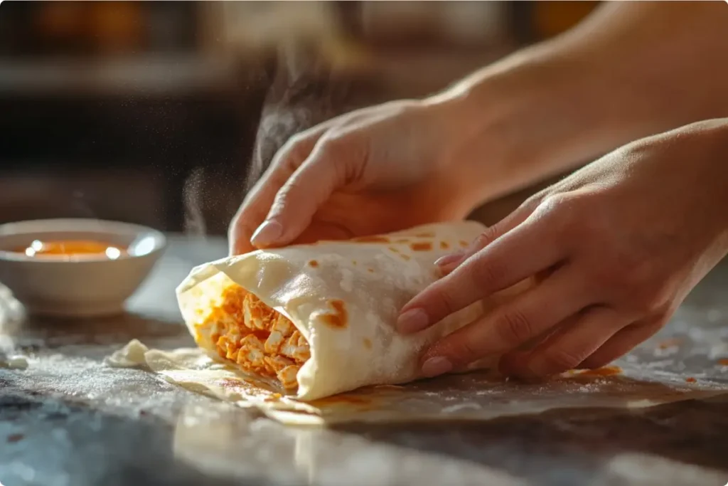  Hands rolling and sealing a Buffalo Chicken Egg Roll