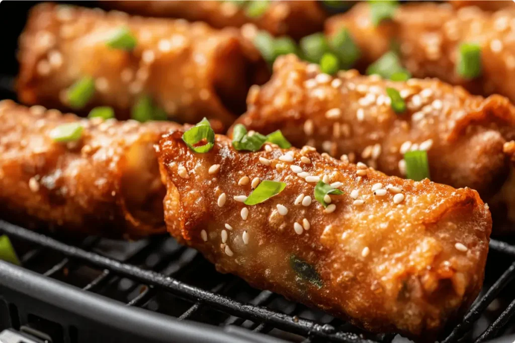 Air-fried chicken egg rolls with a crispy texture and minimal oil.