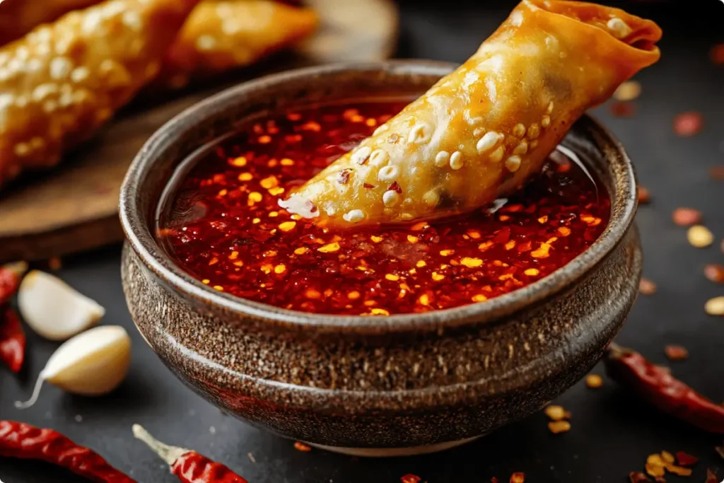 Spicy chili garlic sauce with an egg roll dipped in it.