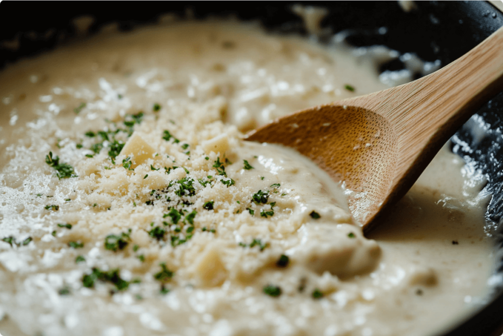 "Creamy garlic parmesan sauce being stirred in a skillet with a wooden spoon