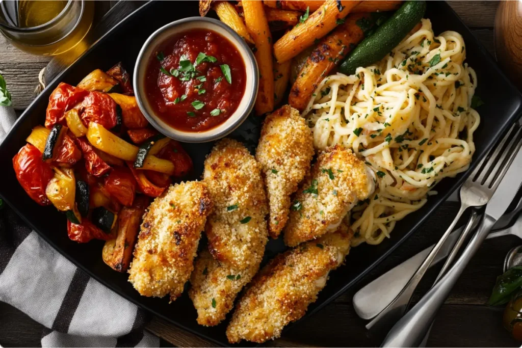 Platter of baked parmesan chicken tenders with garlic pasta.