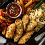 Platter of baked parmesan chicken tenders with garlic pasta.