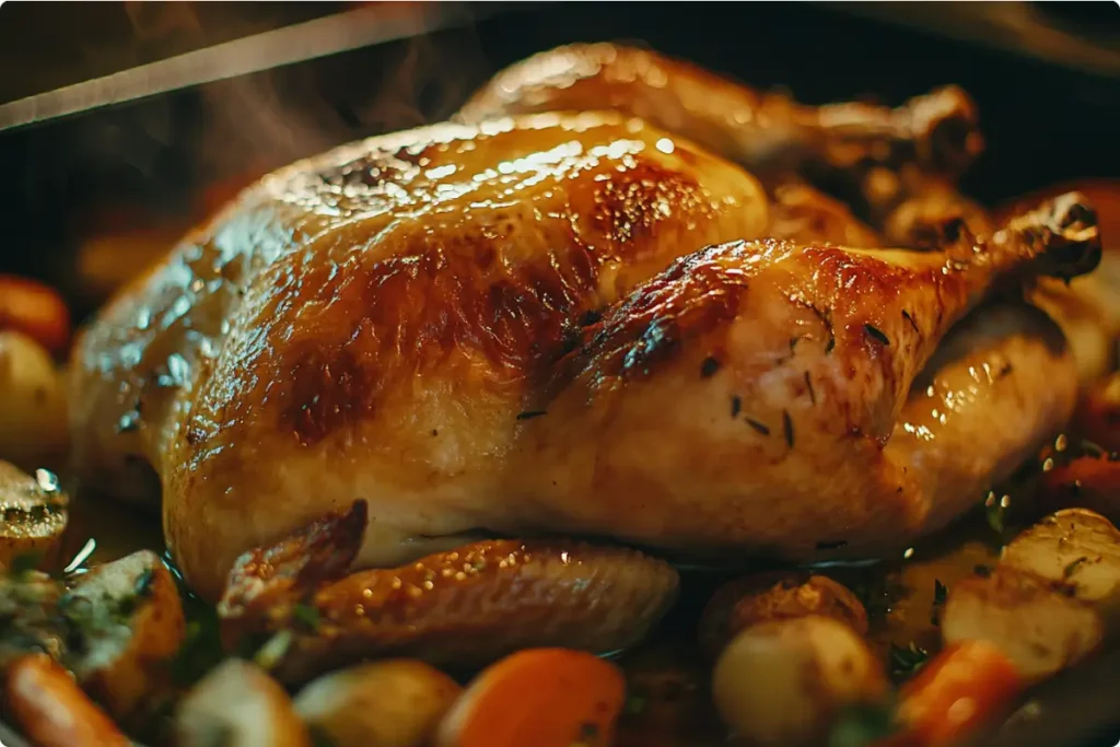 Whole baked chicken with golden crust and vegetables.