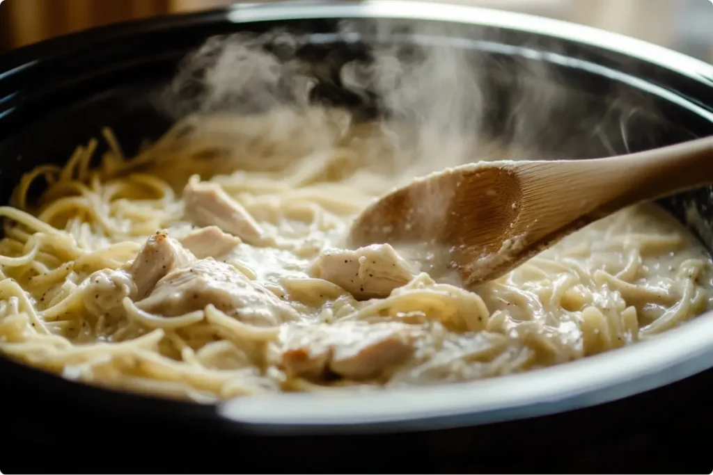 Crockpot Garlic Parmesan Chicken Pasta Cooking Process