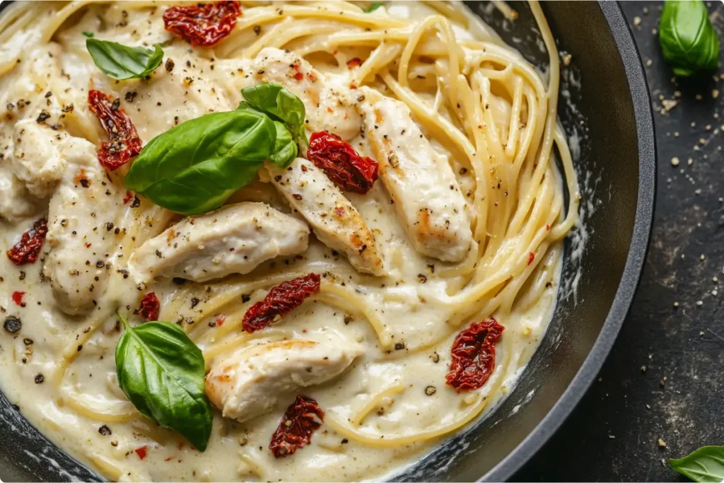 Marry Me Pasta in a skillet with creamy sauce and basil.