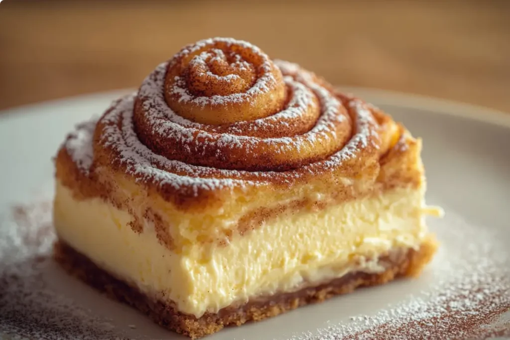 slice of cinnamon roll cheesecake with caramel drizzle.