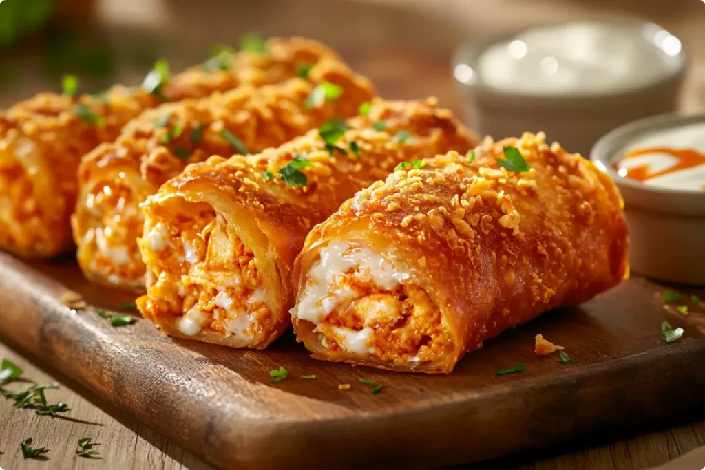  Buffalo Chicken Egg Rolls with dipping sauces on a wooden board