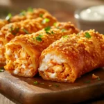 Buffalo Chicken Egg Rolls with dipping sauces on a wooden board