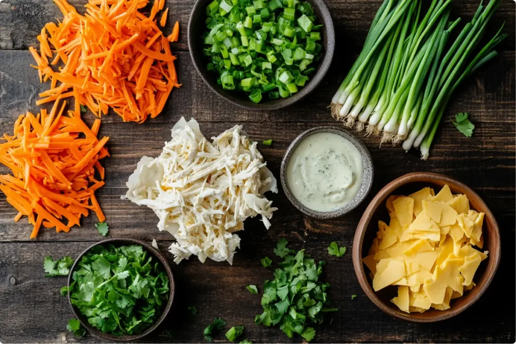 Ingredients for Buffalo Chicken Egg Rolls arranged on a wooden surface