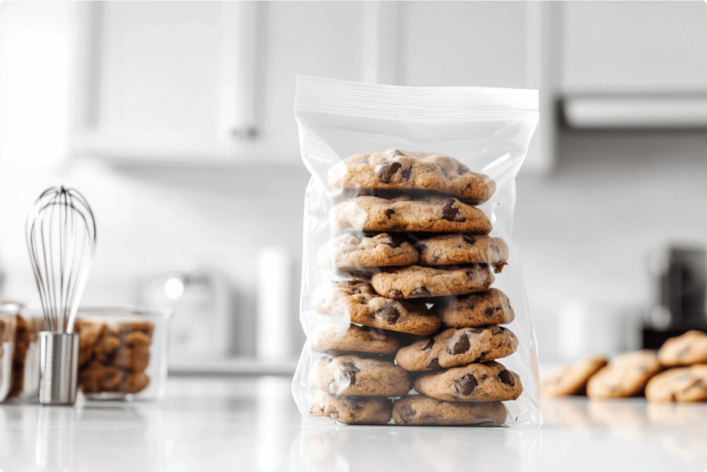 Frozen chocolate chunk cookies in a labeled freezer-safe bag.