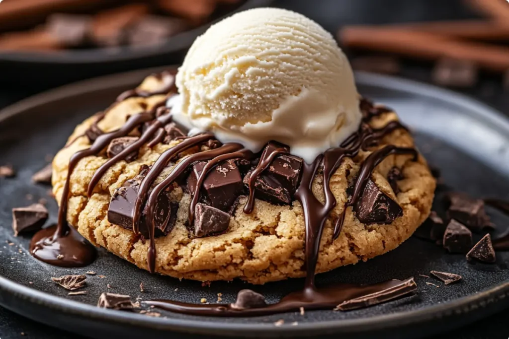 A Double Chunk Chocolate Cookie served with vanilla ice cream and chocolate drizzle