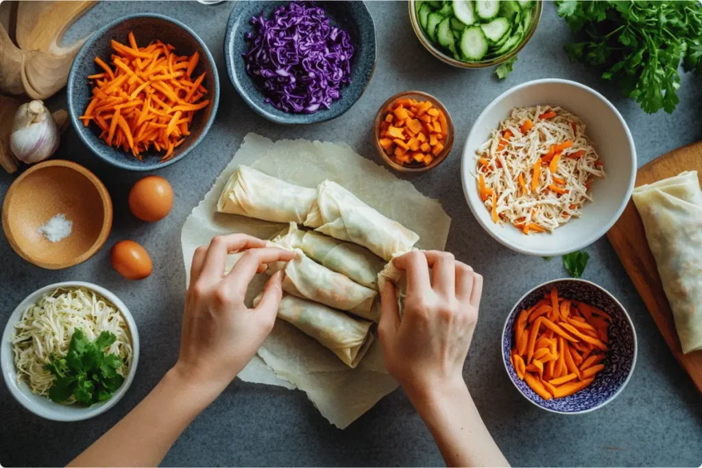 Homemade chicken egg rolls being wrapped with fresh ingredients.