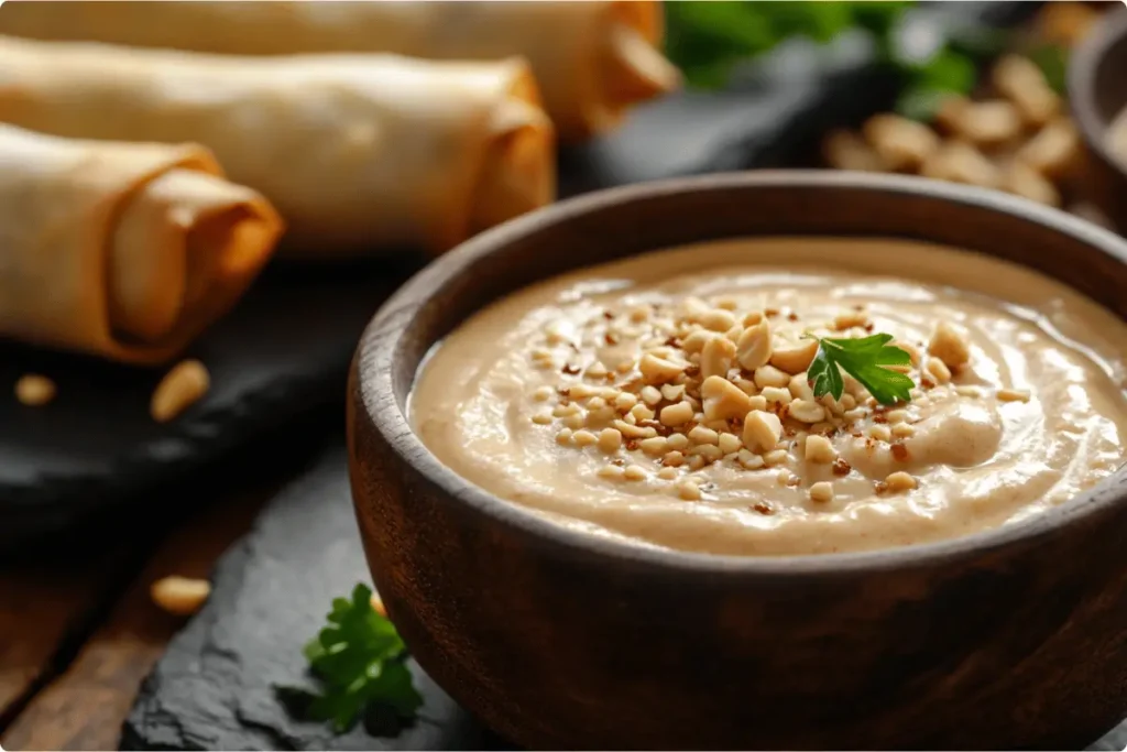 Homemade peanut sauce garnished with crushed peanuts and sesame oil