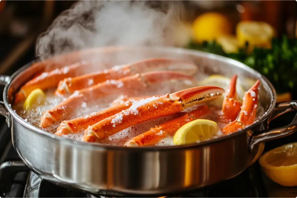 Boiling snow crab legs in a large pot with steam rising on a stovetop, ready for serving