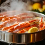 Boiling snow crab legs in a large pot with steam rising on a stovetop, ready for serving