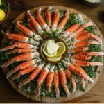 "Freshly steamed snow crab legs arranged in clusters with lemon slices and parsley, served on a wooden platter with dipping sauces.