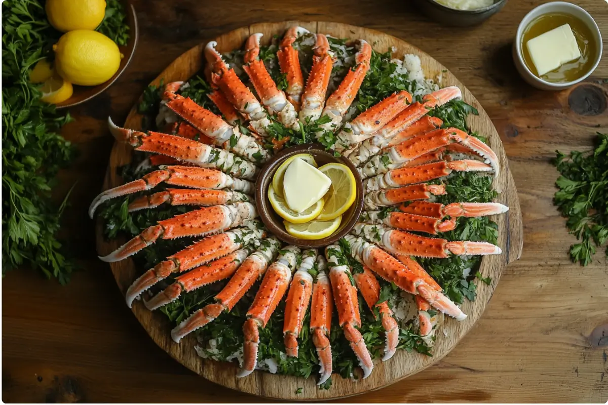 "Freshly steamed snow crab legs arranged in clusters with lemon slices and parsley, served on a wooden platter with dipping sauces.