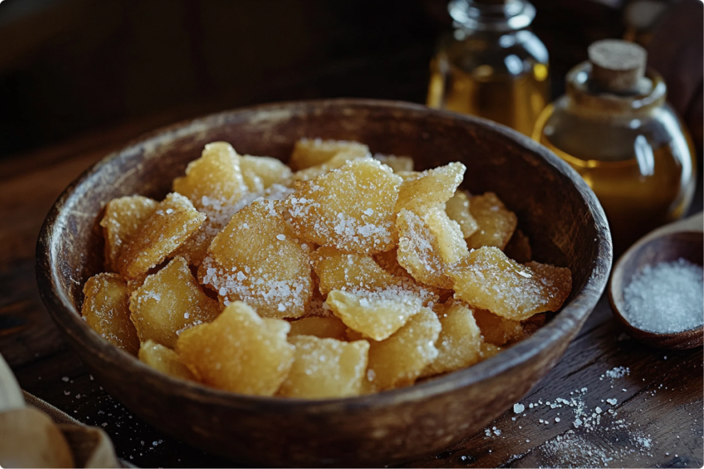 Rustic bowl of crispy salt and vinegar chips with salt crystals and a vinegar bottle on a wooden table